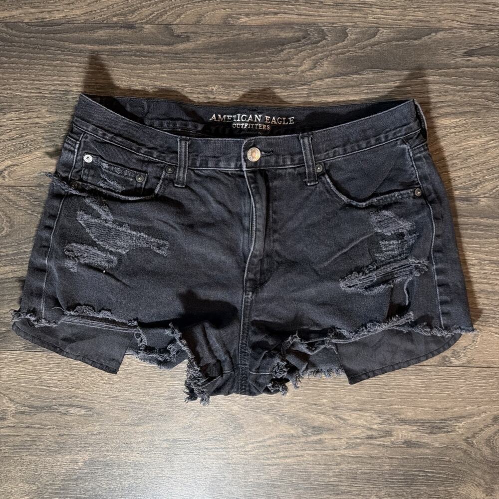 Y2K American Eagle Sz 12 Black Denim Shorts Distressed Cutoff Rave Goth Grunge